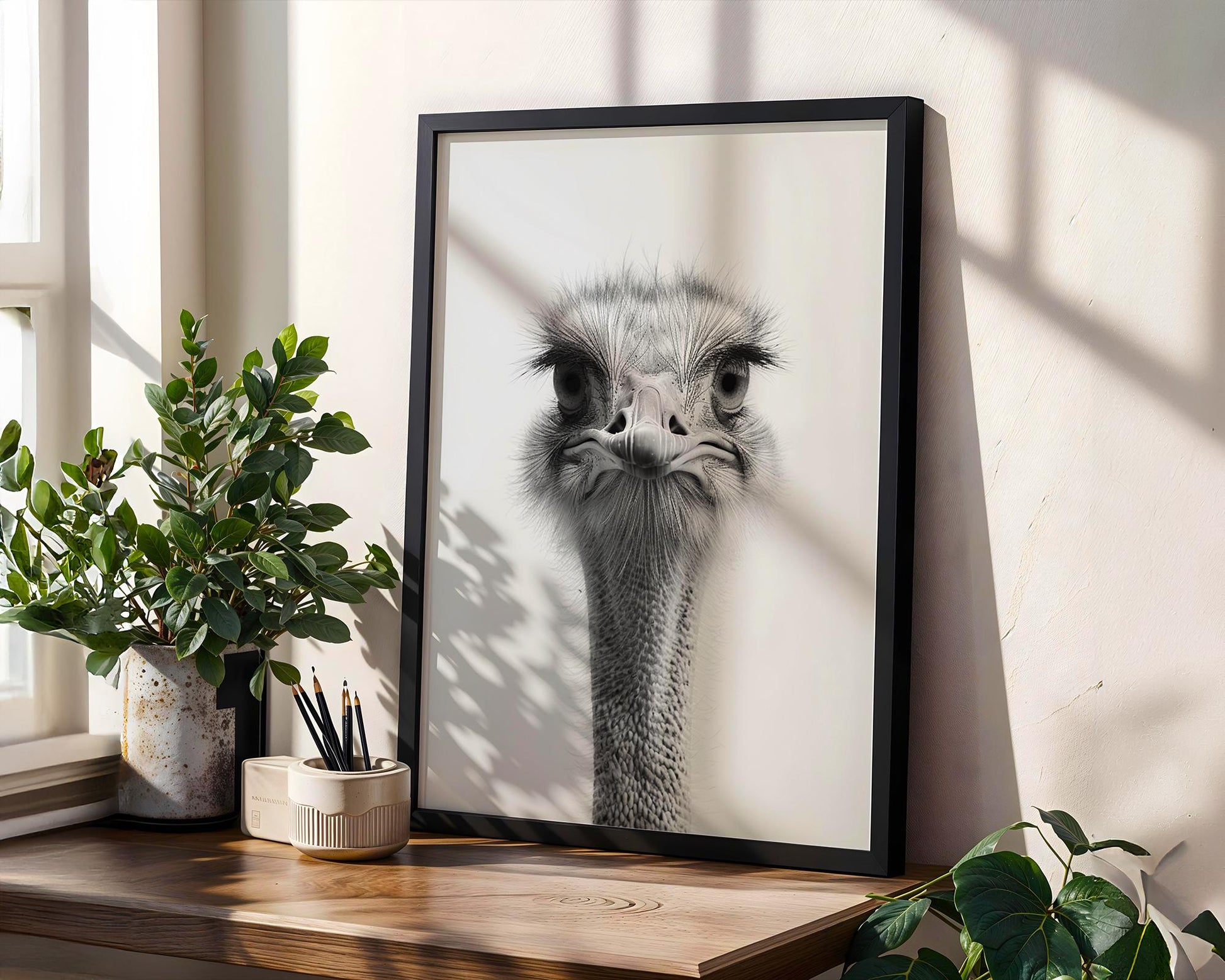 Wildlife Poster | Ostrich Fine Art Print • Minimalist Black & White Animal Portrait wall art print, minimalist black and white poster, modern Scandinavian wall decor, Monohaus