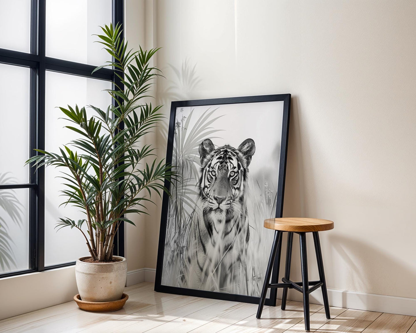 Wildlife Poster | Tiger in Tall Grass Fine Art Print • Minimalist Black & White Photography wall art print, minimalist black and white poster, modern Scandinavian wall decor, Monohaus
