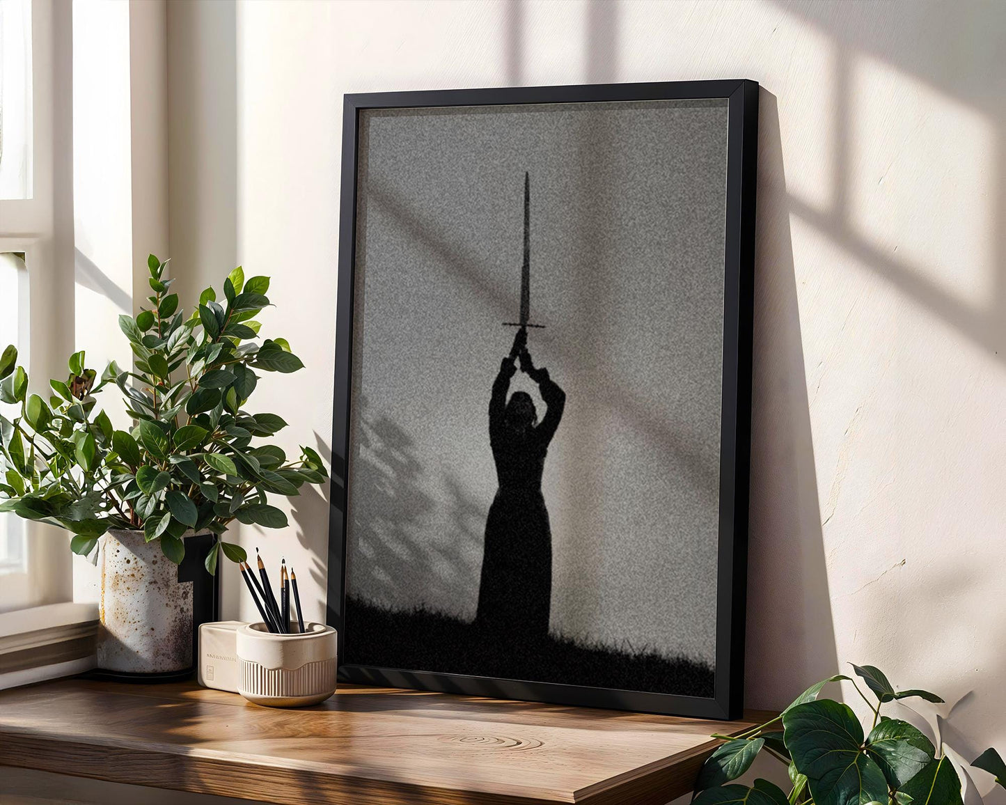 Designer Wall Art | Sword Silhouette Print | Dark Gothic Warrior Art, Fantasy Decor wall art print, minimalist black and white poster, modern Scandinavian wall decor, Monohaus