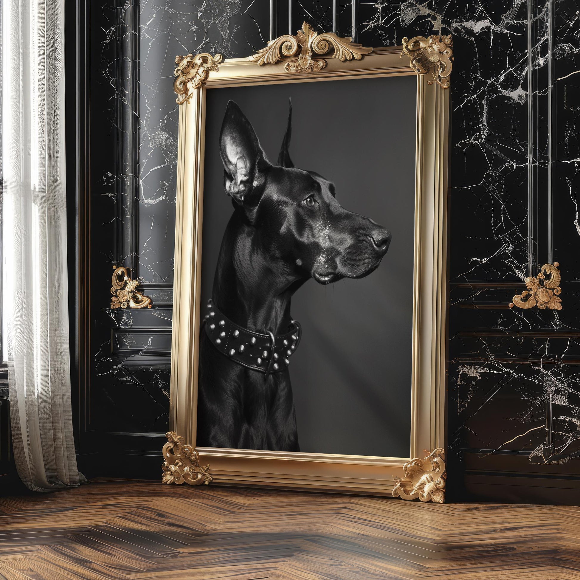 Dog Photography Doberman Art Print | Studded Collar Pet Photo, Modern Home Decor wall art print, minimalist black and white poster, modern Scandinavian wall decor, Monohaus