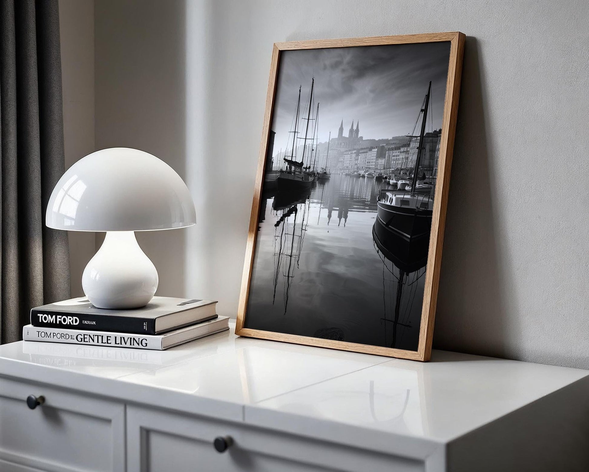 World Landmark | Marseille Old Port Print | Black and White France Photography wall art print, minimalist black and white poster, modern Scandinavian wall decor, Monohaus