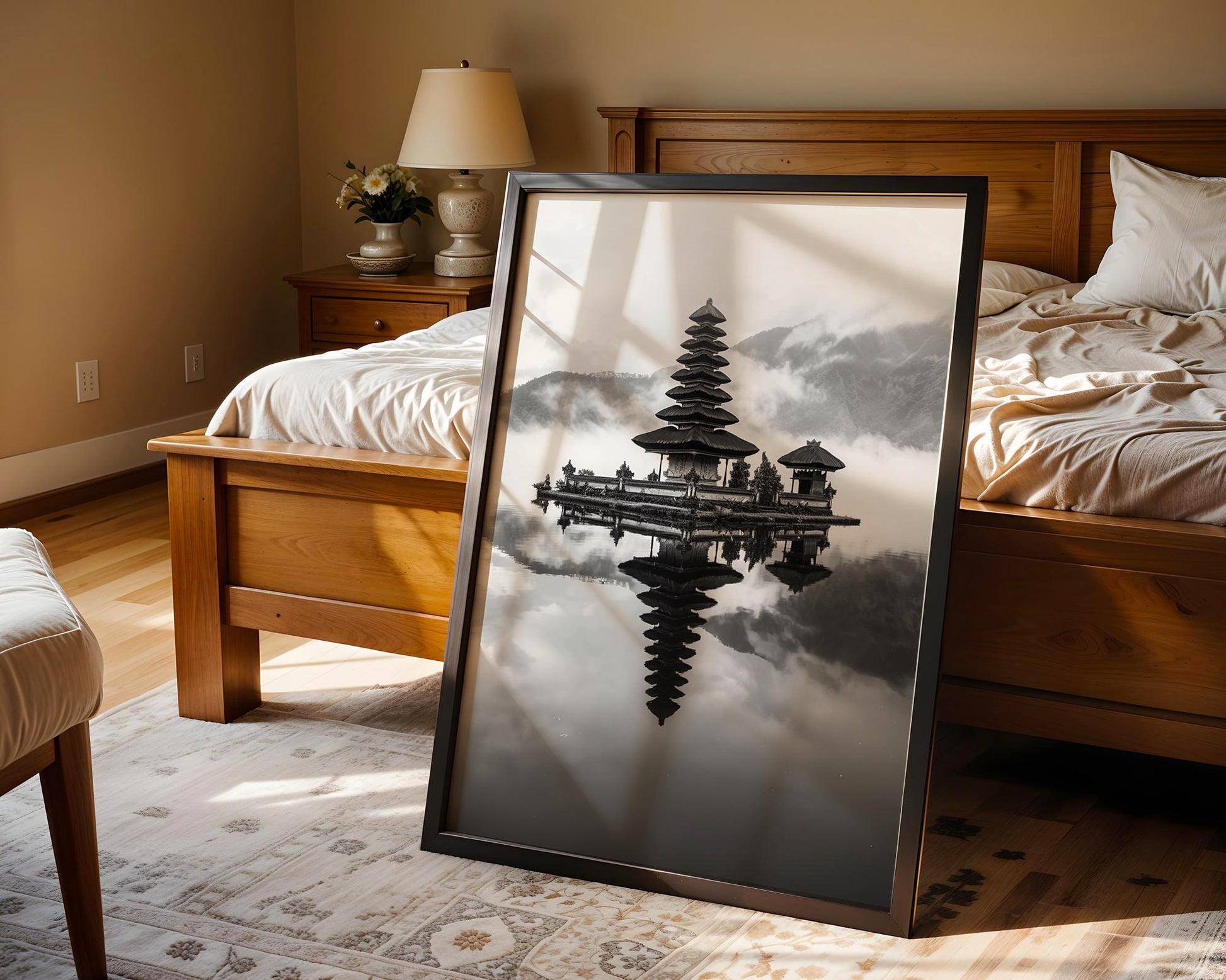 World Landmark | Ulun Danu Temple Bali Print | Black and White Asian Photography wall art print, minimalist black and white poster, modern Scandinavian wall decor, Monohaus