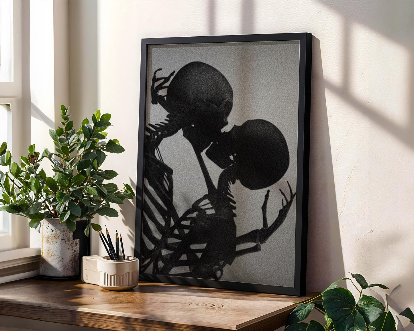 Designer Wall Art | Skeleton Kissing Print | Gothic Romance, Dark Valentine Art wall art print, minimalist black and white poster, modern Scandinavian wall decor, Monohaus