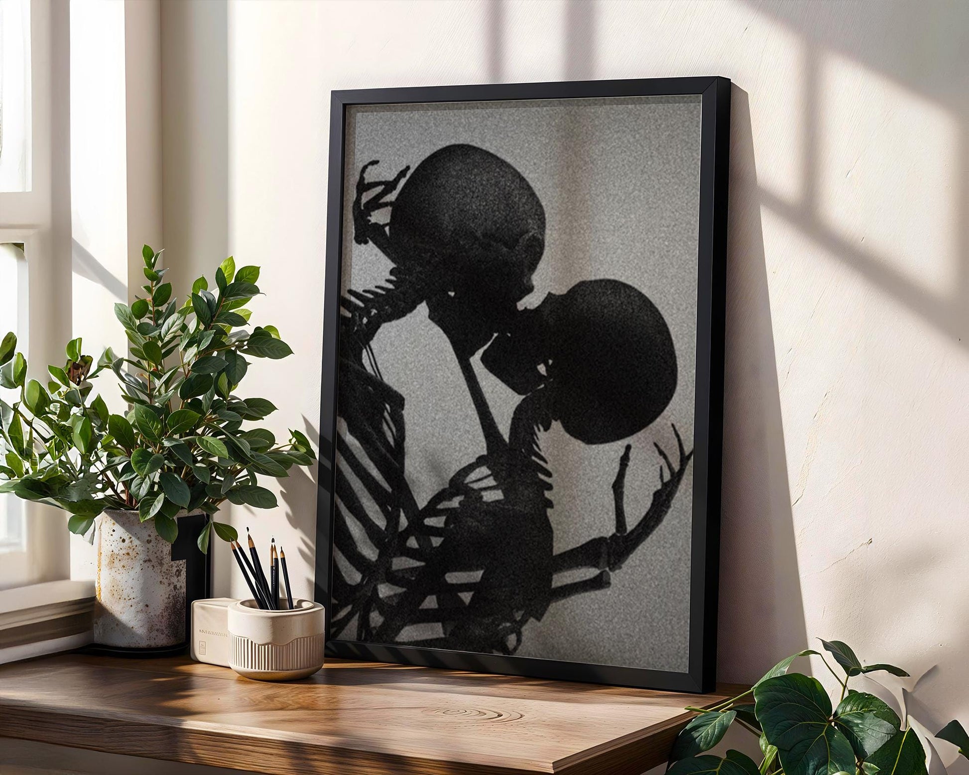 Designer Wall Art | Skeleton Kissing Print | Gothic Romance, Dark Valentine Art wall art print, minimalist black and white poster, modern Scandinavian wall decor, Monohaus