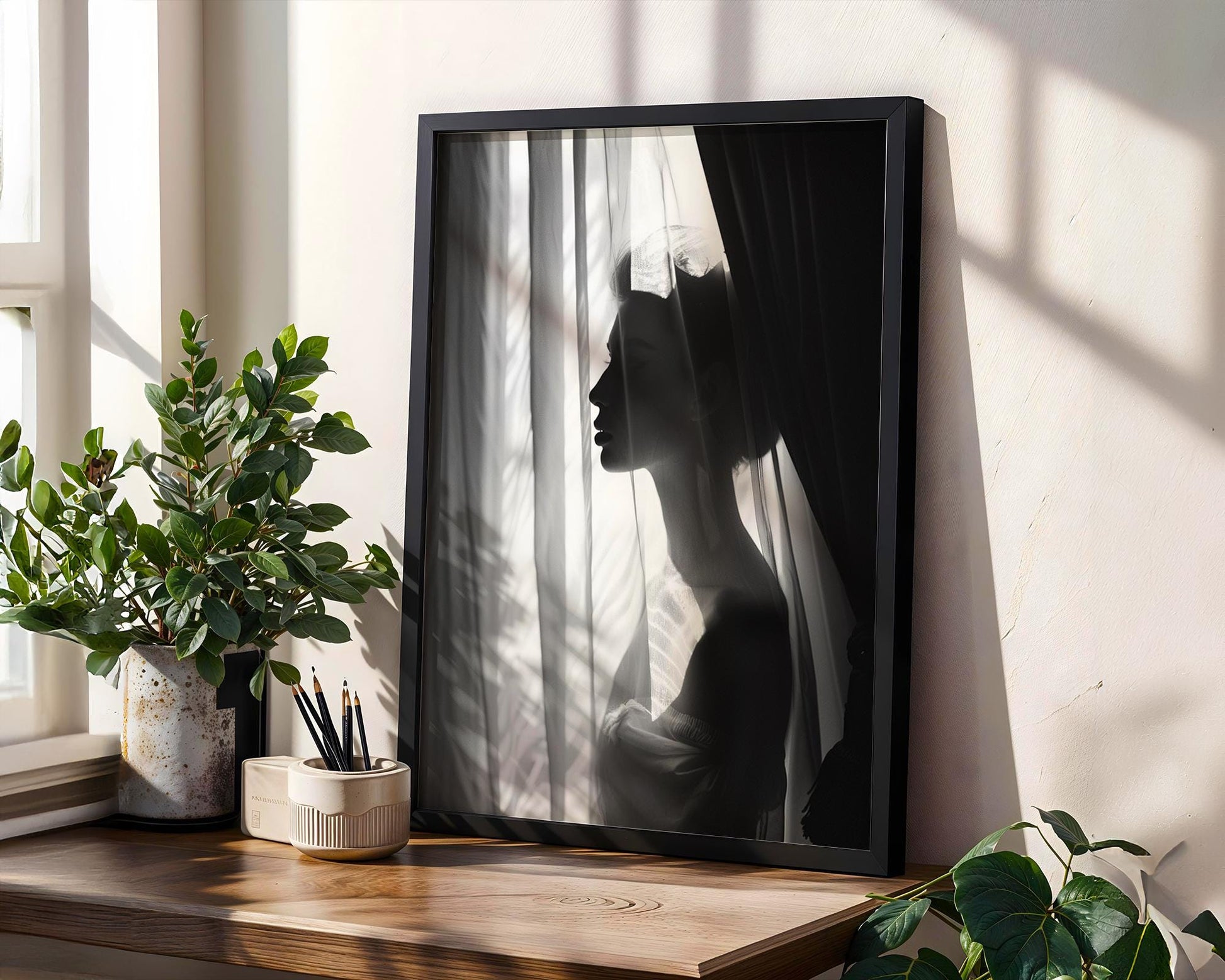 Minimal Wall Art Woman Silhouette Print | Gauzy Curtains, Black and White Fine Art wall art print, minimalist black and white poster, modern Scandinavian wall decor, Monohaus