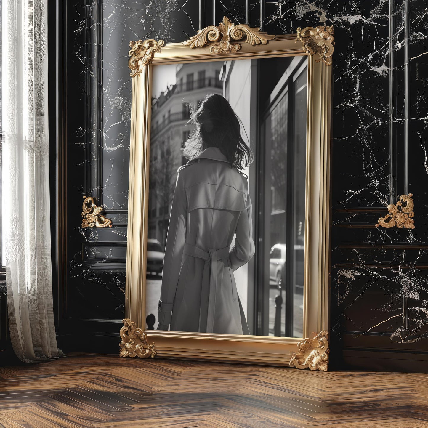 Minimal Wall Art Parisian Woman in Trench Coat Print | Modern Minimalist Home Decor wall art print, minimalist black and white poster, modern Scandinavian wall decor, Monohaus