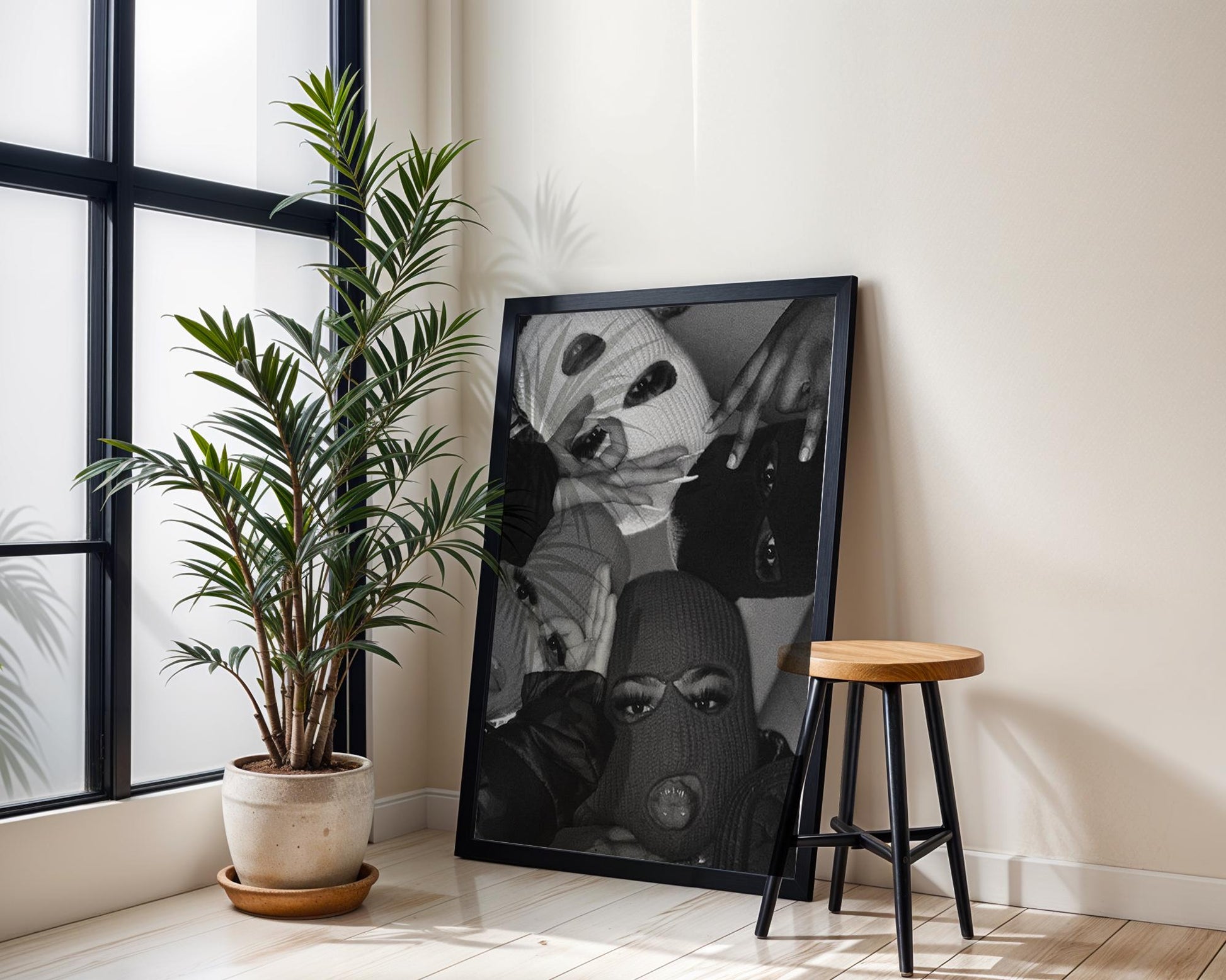 Designer Wall Art | Balaclava Girls Print | Edgy Black and White Fashion Poster wall art print, minimalist black and white poster, modern Scandinavian wall decor, Monohaus