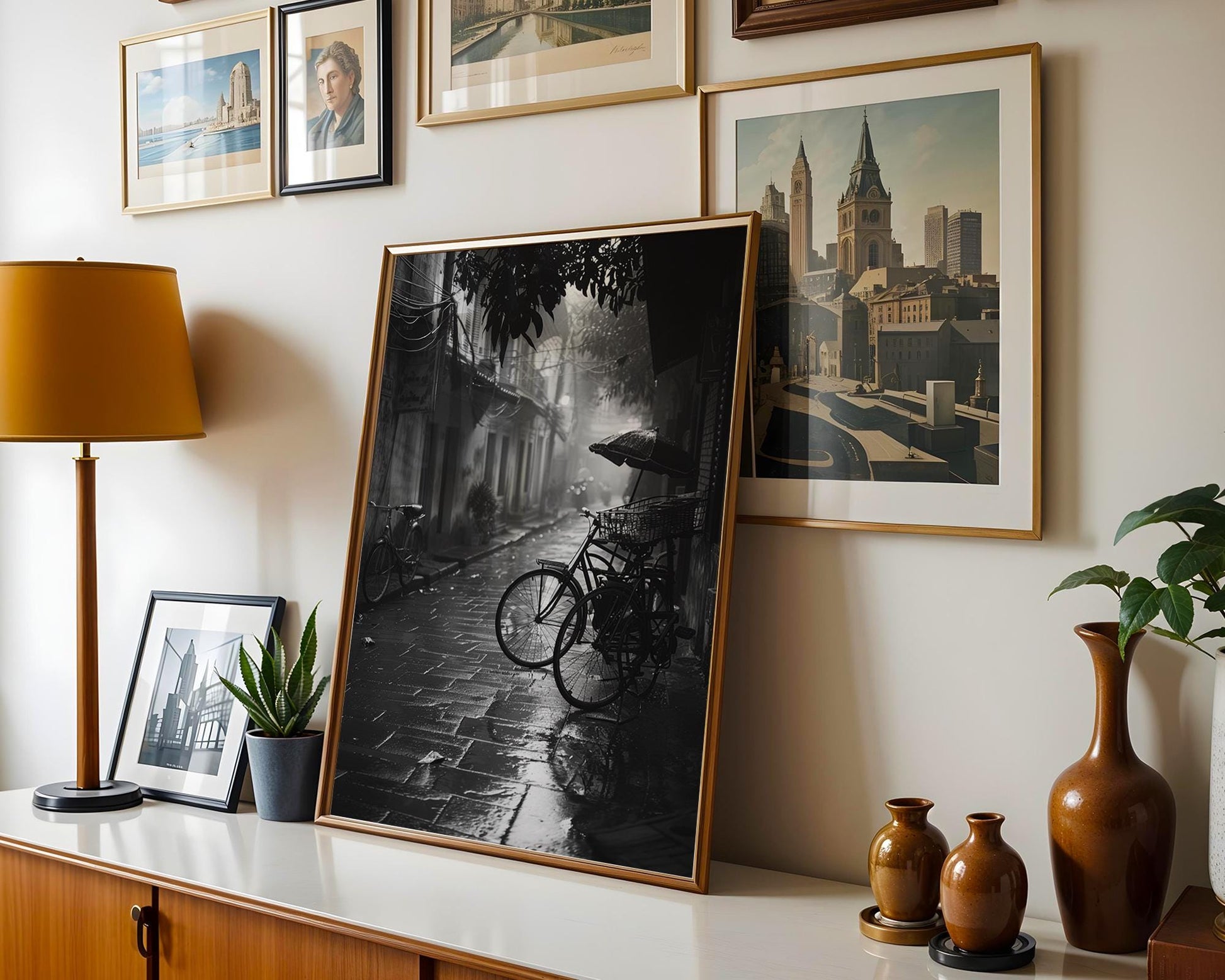 World Landmark | Vietnam Rainy Street Print | Black and White Bicycle Photography black and white photo print, minimalist monochrome wall art poster for modern interiors, Monohaus