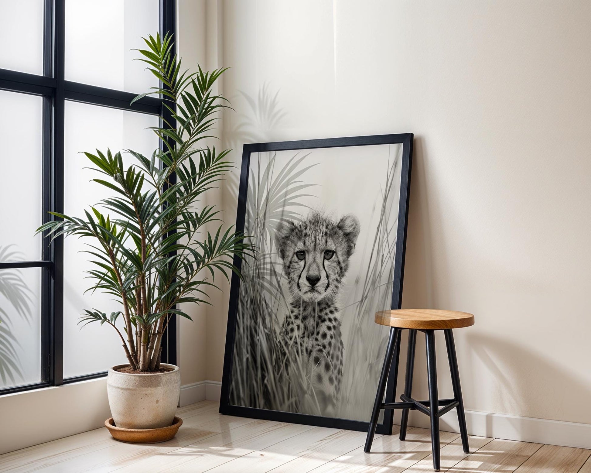 Wildlife Poster | Cheetah Cub Portrait | Minimalist  Fine Art Print wall art print, minimalist black and white poster, modern Scandinavian wall decor, Monohaus