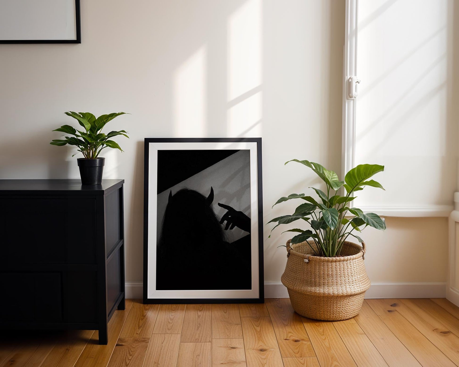 Devil Horns Shadow Print | Gothic Monochrome Wall Art wall art print, minimalist black and white poster, modern Scandinavian wall decor, Monohaus