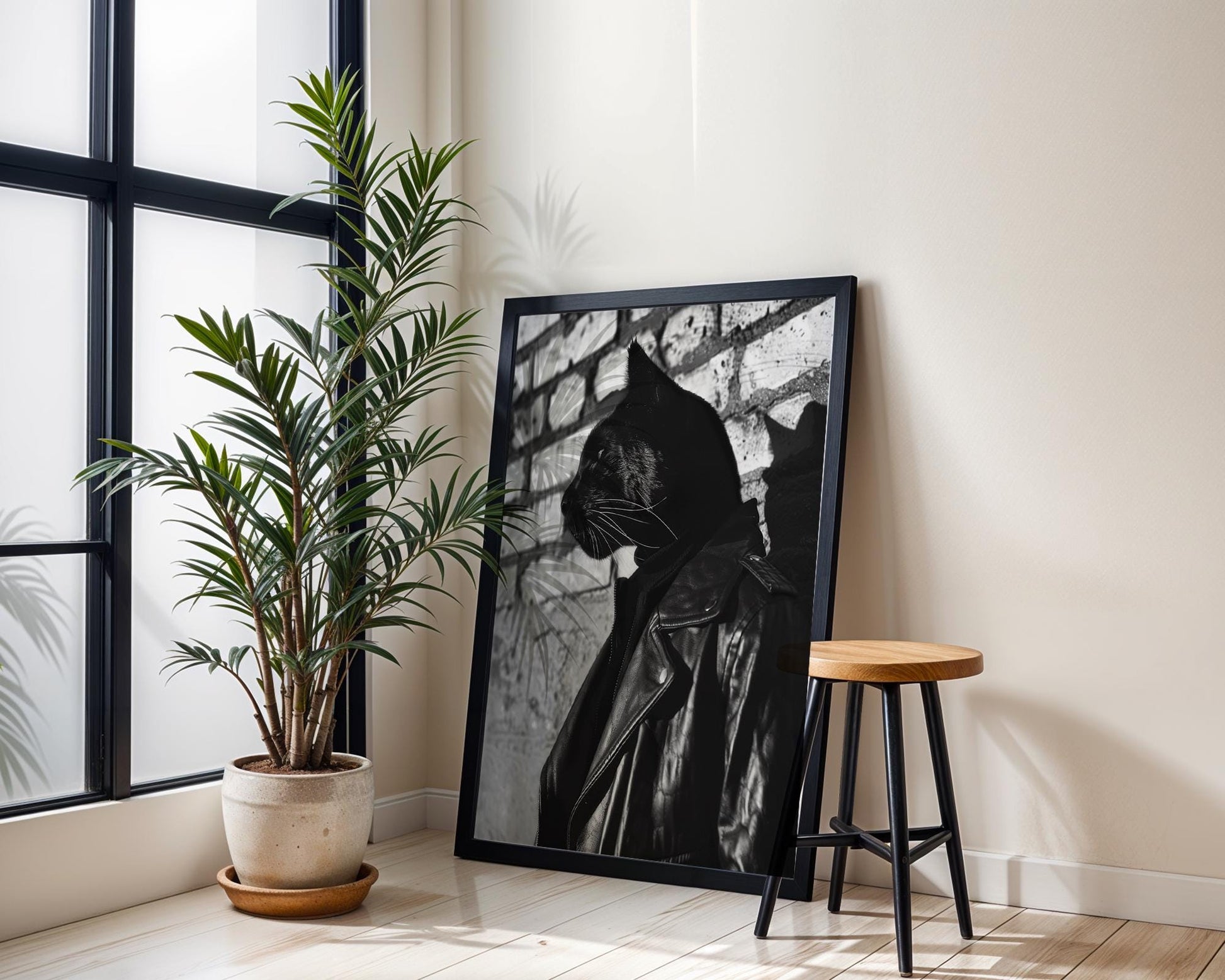 Dog Photography Black Panther Leather Jacket Print | Bold Animal Portrait, Urban Decor black and white photo print, minimalist monochrome wall art poster for modern interiors, Monohaus