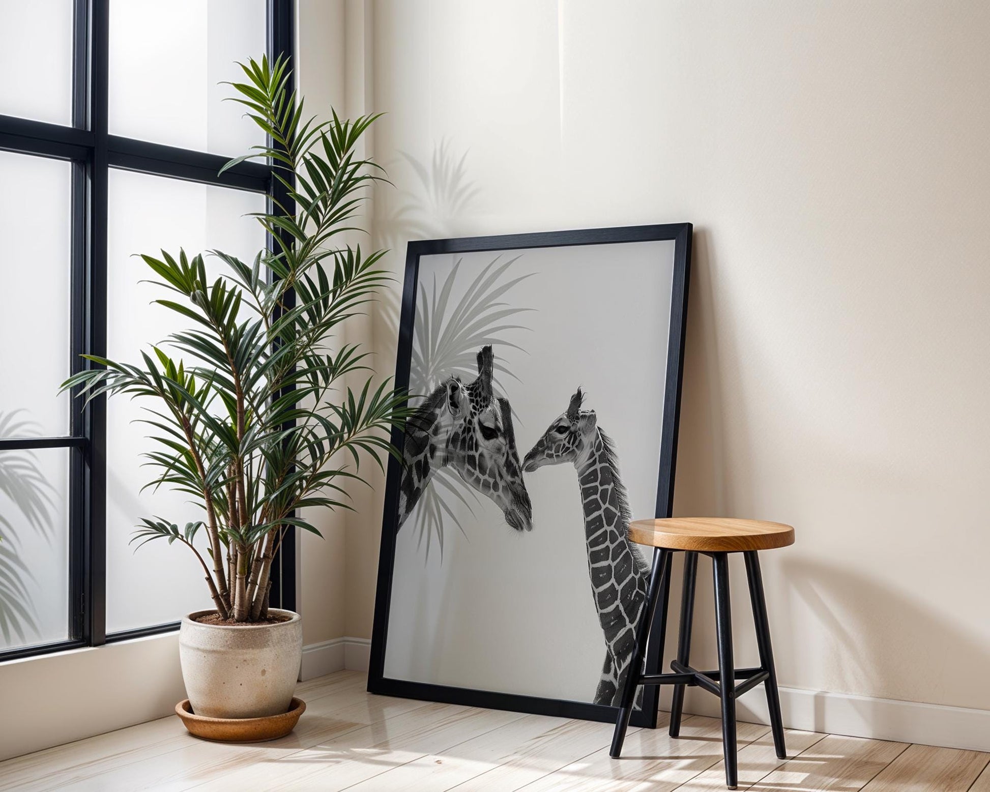 Wildlife Poster | Giraffe Mother and Calf Print | Minimalist  Photography wall art print, minimalist black and white poster, modern Scandinavian wall decor, Monohaus
