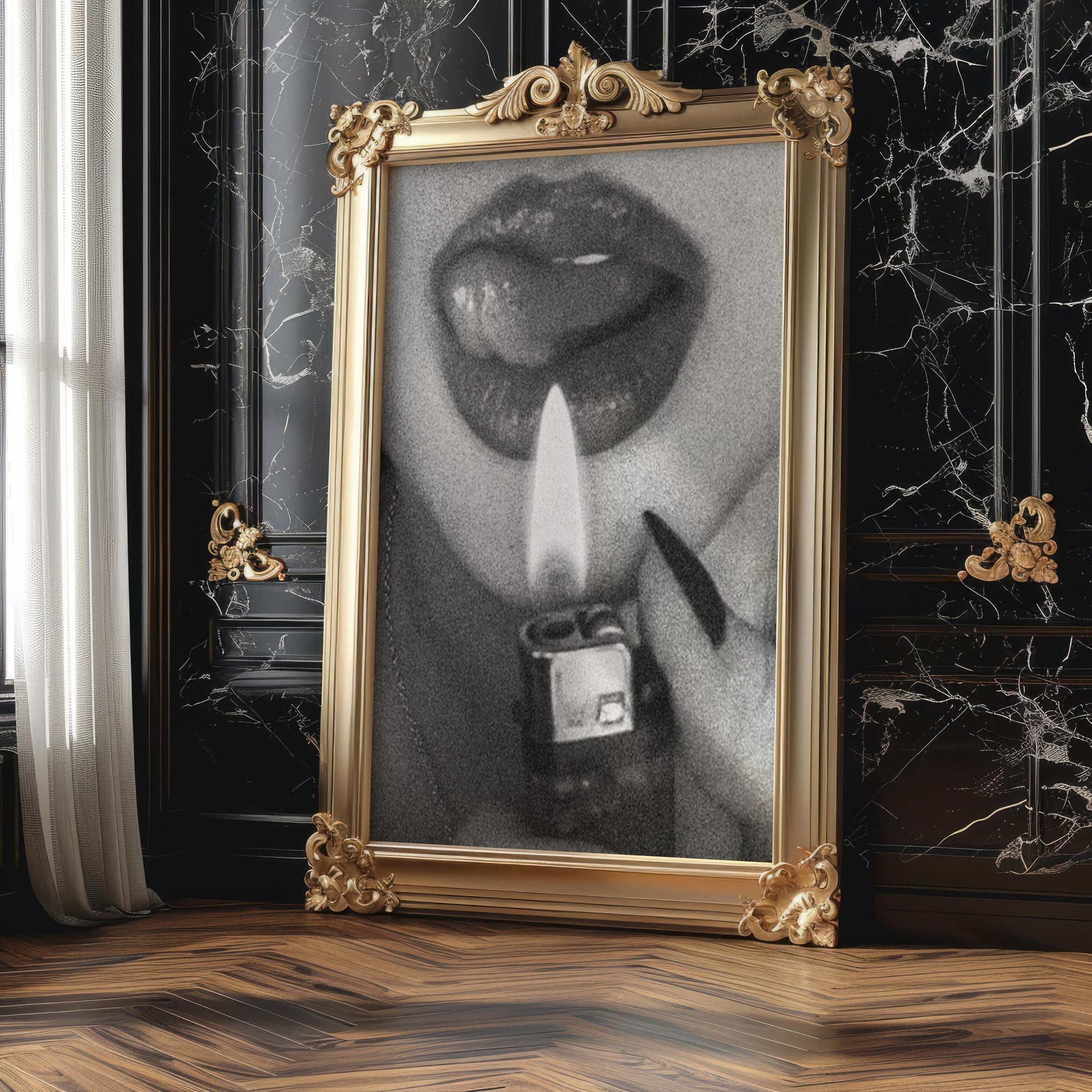 Designer Wall Art | Lips with Lighter Photography | Black and White Seductive wall art print, minimalist black and white poster, modern Scandinavian wall decor, Monohaus