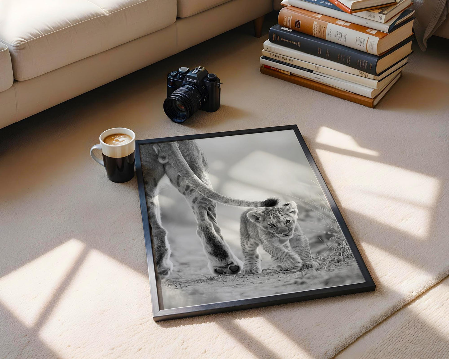Wildlife Poster | Lion Cub and Mother Print | Minimalist Black & White Photography wall art print, minimalist black and white poster, modern Scandinavian wall decor, Monohaus