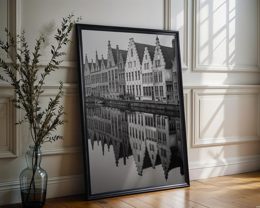 World Landmark | Bruges Canal Black and White Photography Print | Belgium Architecture Wall Art