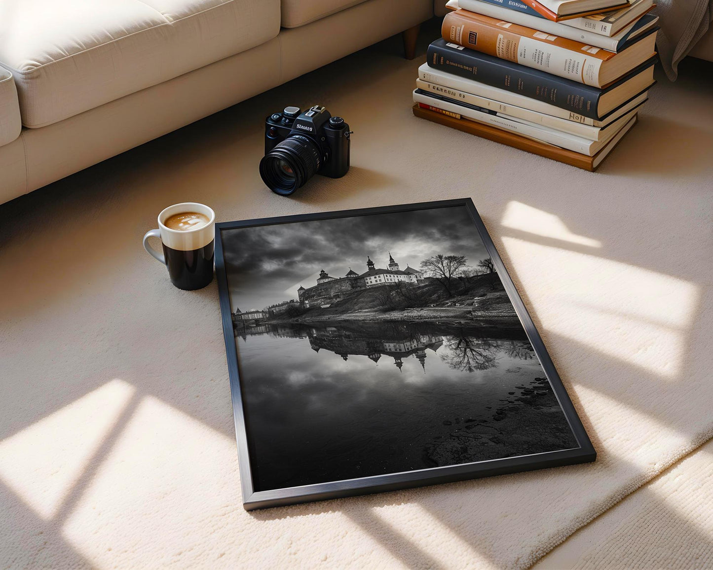 World Landmark | Krakow Castle Photography Print | Black and White River Scene