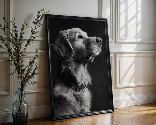 Dog Photography Golden Retriever Print | Luminous Pet Portrait, Scandi Home Decor wall art print, minimalist black and white poster, modern Scandinavian wall decor, Monohaus