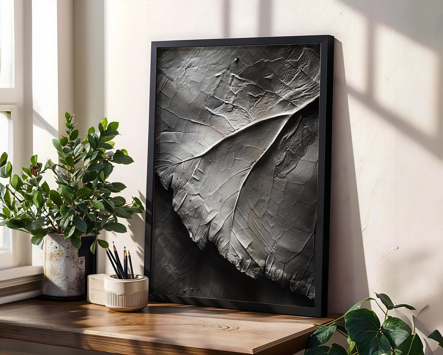Botanical Photo | Textured Leaf Print | Heavy Impasto Black and White  Art wall art print, minimalist black and white poster, modern Scandinavian wall decor, Monohaus