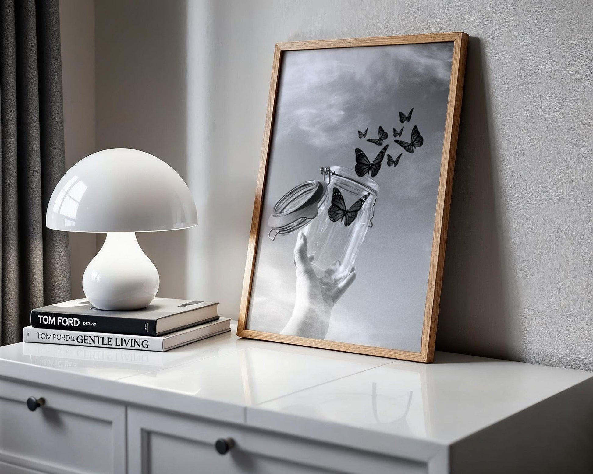 Designer Wall Art | Butterfly Jar Print | Minimalist Black & White Nature Photo wall art print, minimalist black and white poster, modern Scandinavian wall decor, Monohaus