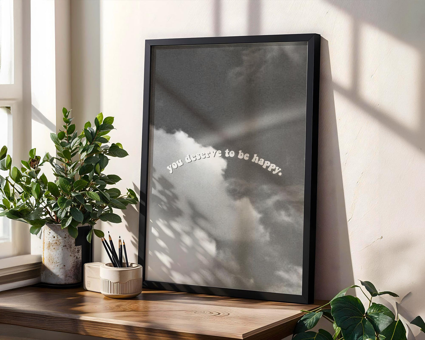 Designer Wall Art | You Deserve To Be Happy Sky Print | Minimalist Home Decor wall art print, minimalist black and white poster, modern Scandinavian wall decor, Monohaus