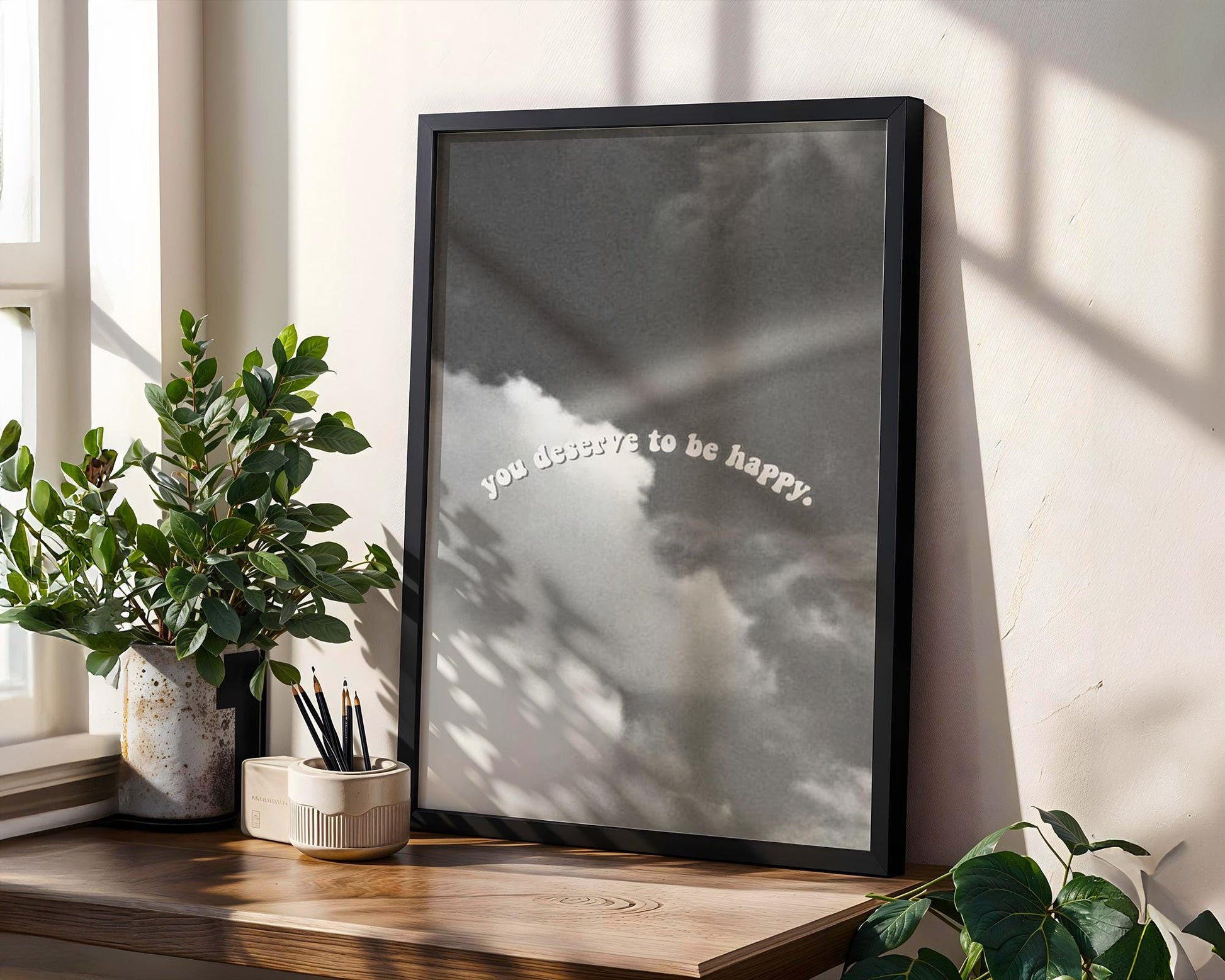 Designer Wall Art | You Deserve To Be Happy Sky Print | Minimalist Home Decor wall art print, minimalist black and white poster, modern Scandinavian wall decor, Monohaus