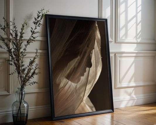 Minimal Wall Art Ethereal Veiled Woman Art Print | Dark Feminine Silhouette Photo wall art print, minimalist black and white poster, modern Scandinavian wall decor, Monohaus