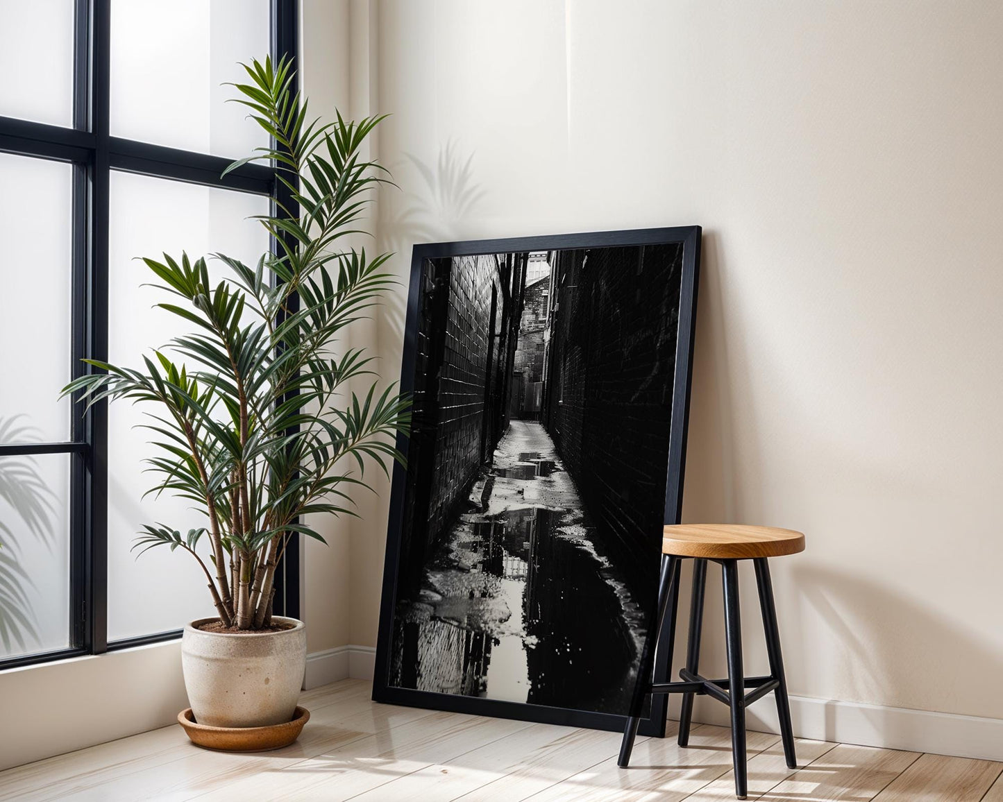 Urban Photography | Moody Cobblestone Alley Print | Black and White Urban Fine Art black and white photo print, minimalist monochrome wall art poster for modern interiors, Monohaus