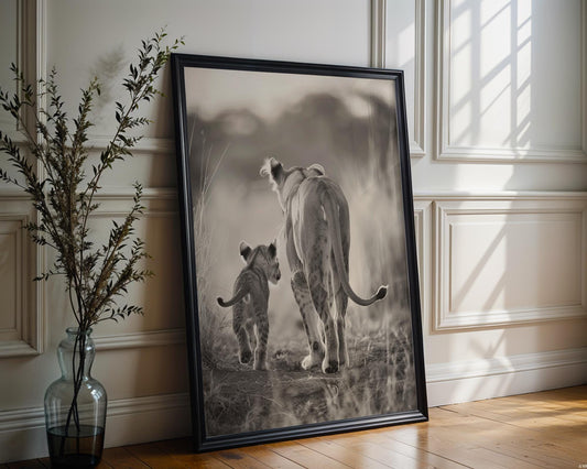 Wildlife Poster | Lion Cub & Mother Sepia Print | Minimalist Safari Wall Art wall art print, minimalist black and white poster, modern Scandinavian wall decor, Monohaus