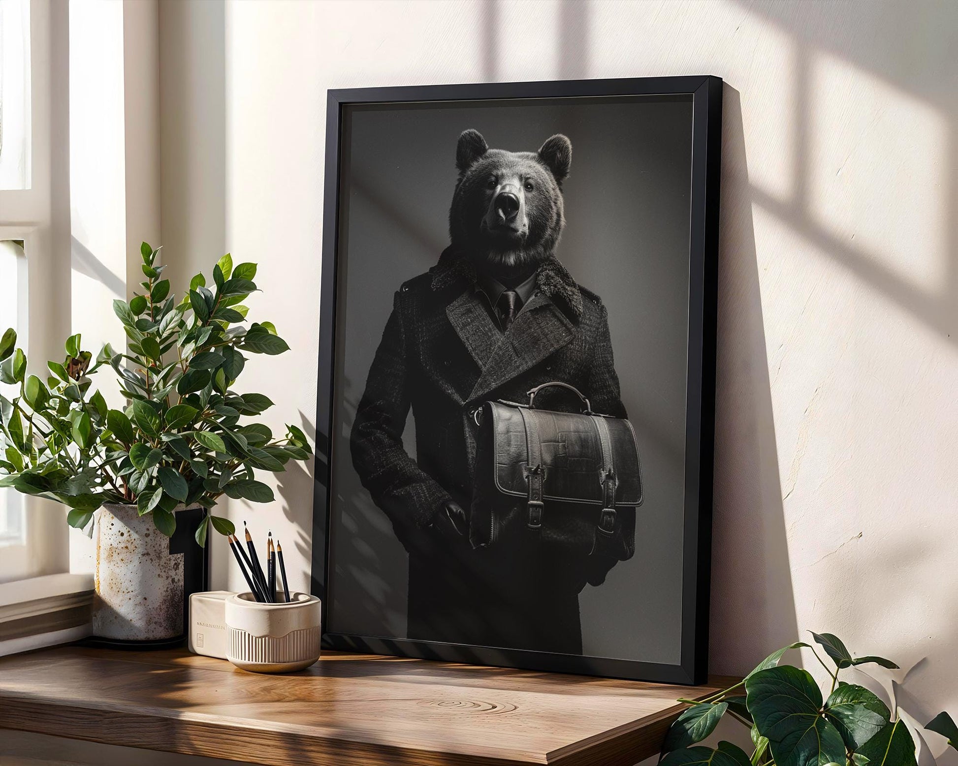Dog Photography Bear in Suit Print | Black and White Animal Portrait, Modern Noir Art wall art print, minimalist black and white poster, modern Scandinavian wall decor, Monohaus