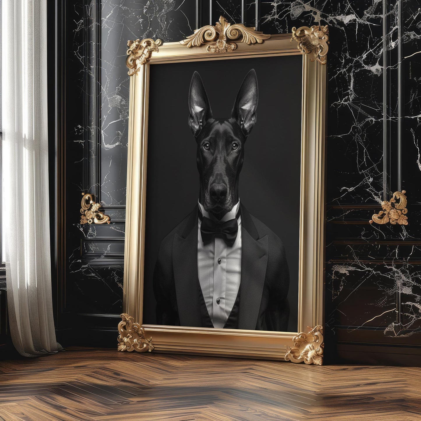 Dog Photography Doberman Tuxedo Print | Whimsical Black Tie Pet Portrait wall art print, minimalist black and white poster, modern Scandinavian wall decor, Monohaus