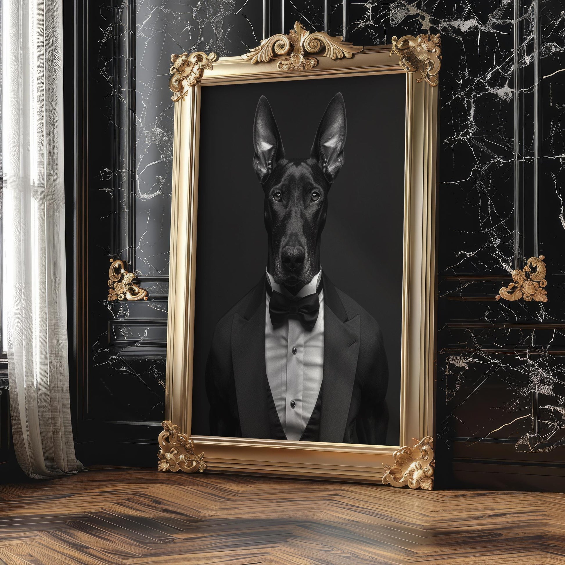 Dog Photography Doberman Tuxedo Print | Whimsical Black Tie Pet Portrait wall art print, minimalist black and white poster, modern Scandinavian wall decor, Monohaus