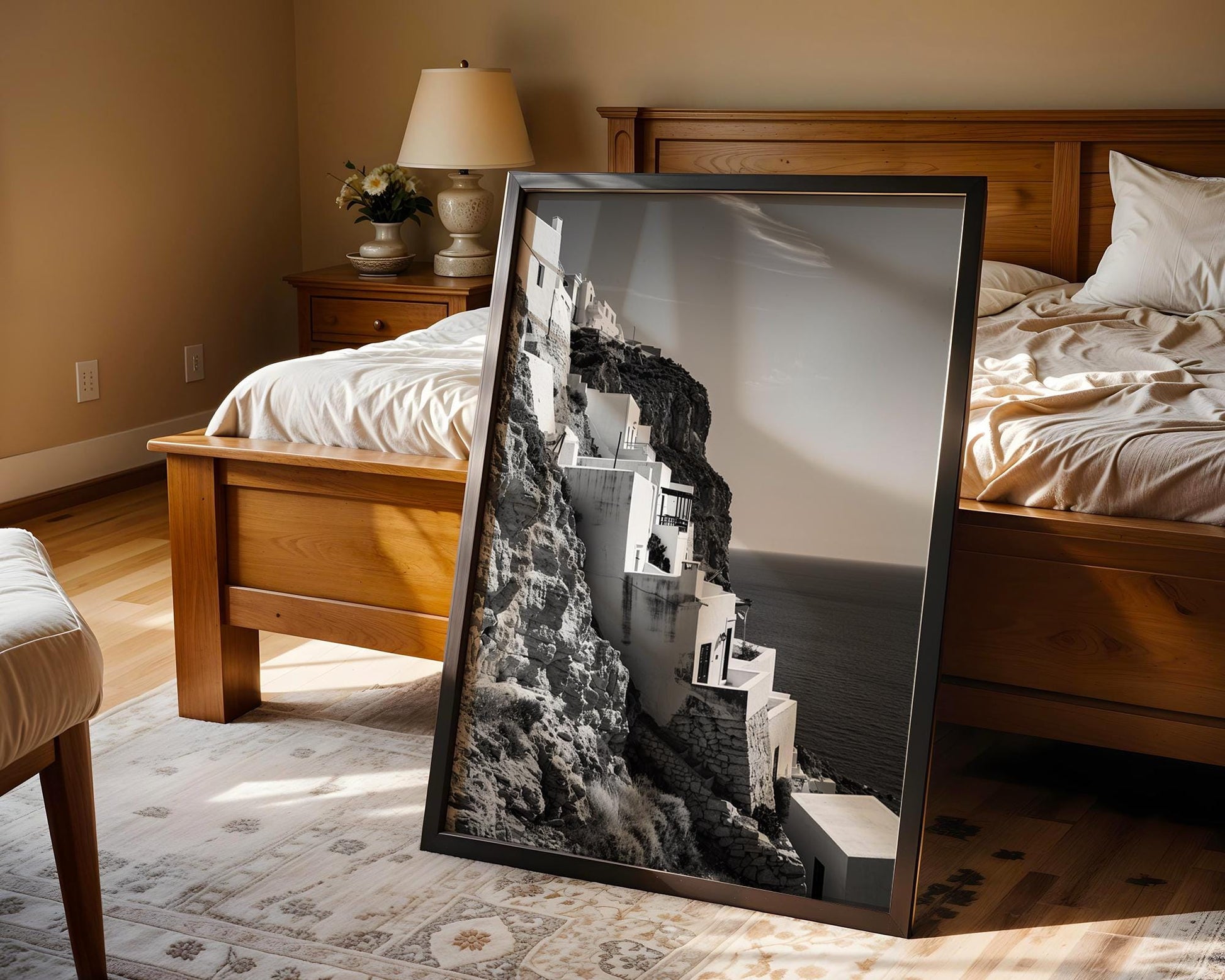 World Landmark | Santorini Cliff Houses Print | Black and White Greece Photography wall art print, minimalist black and white poster, modern Scandinavian wall decor, Monohaus