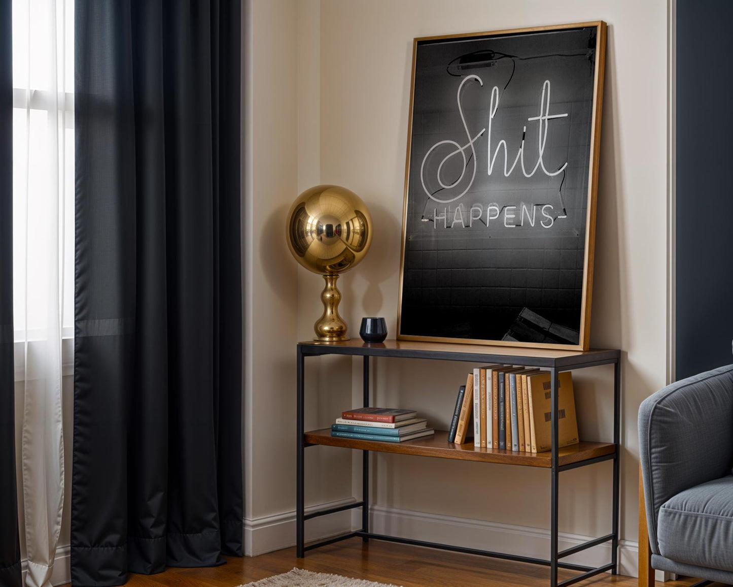 Designer Wall Art | Shit Happens Neon Sign Print | Black & White Quote Poster typography wall art print, minimalist black and white type poster, modern graphic design decor, Monohaus