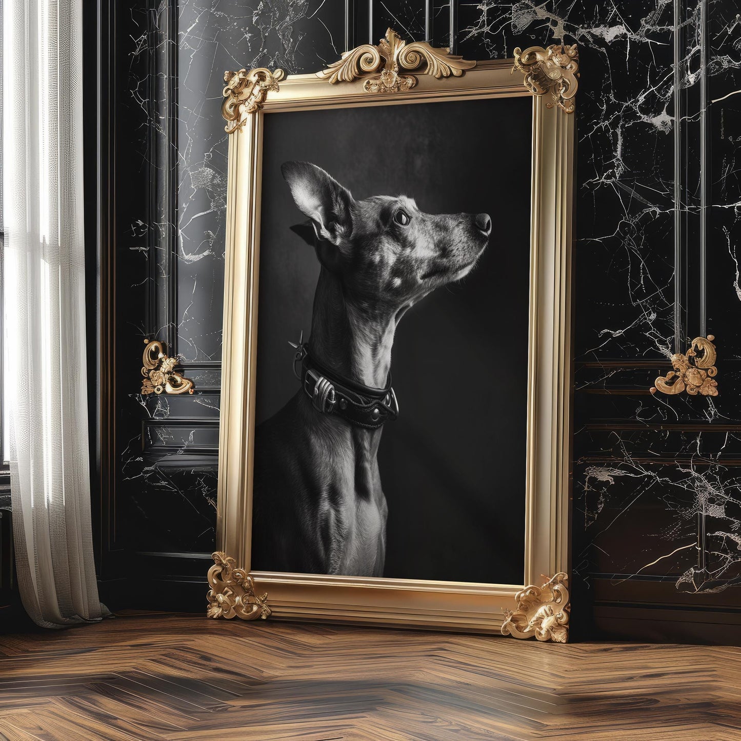 Dog Photography Monohaus Whippet Portrait Print | Moody Black and White Pet Art wall art print, minimalist black and white poster, modern Scandinavian wall decor, Monohaus