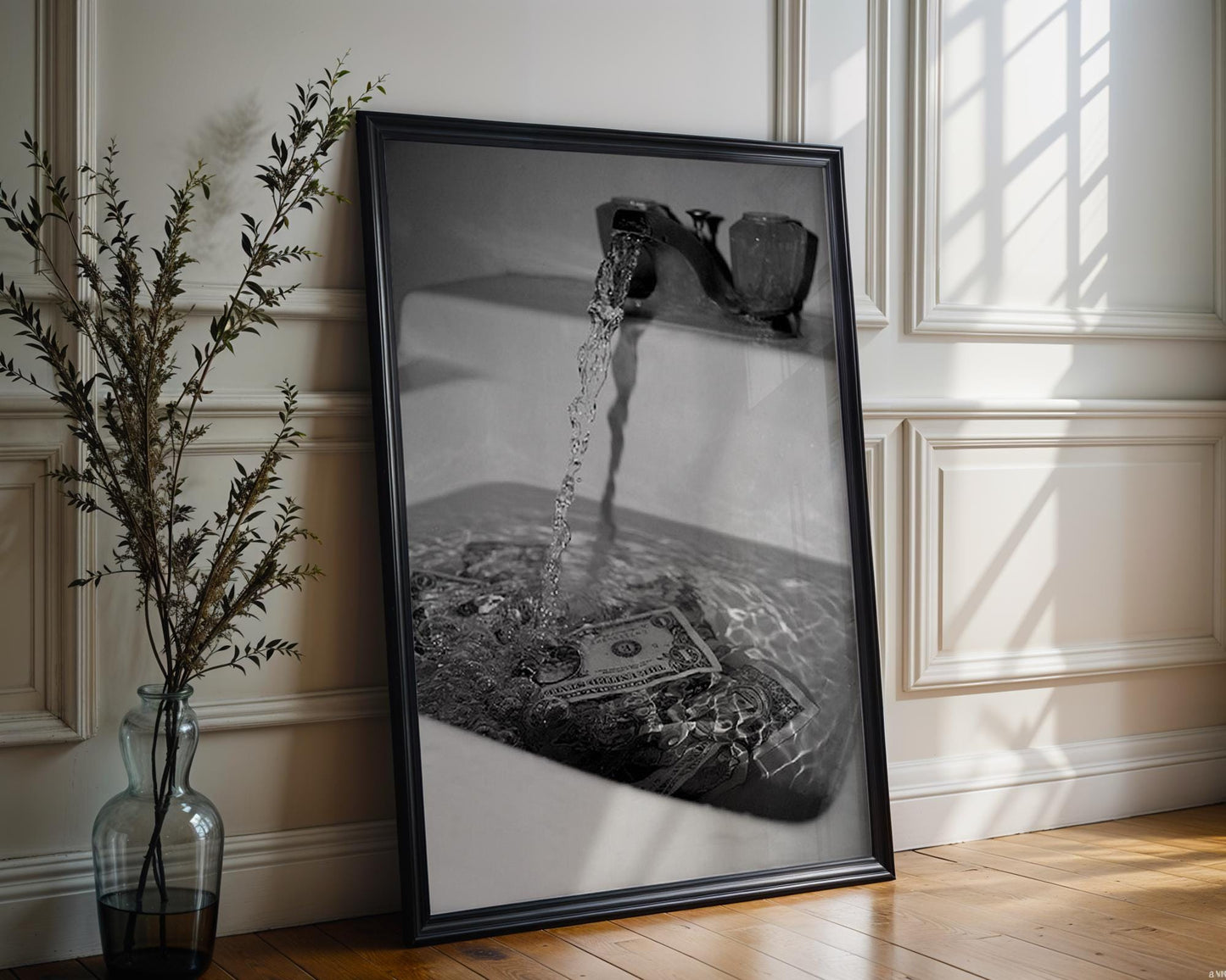 Designer Wall Art | Money Down The Drain Print | Conceptual Black and White Art wall art print, minimalist black and white poster, modern Scandinavian wall decor, Monohaus