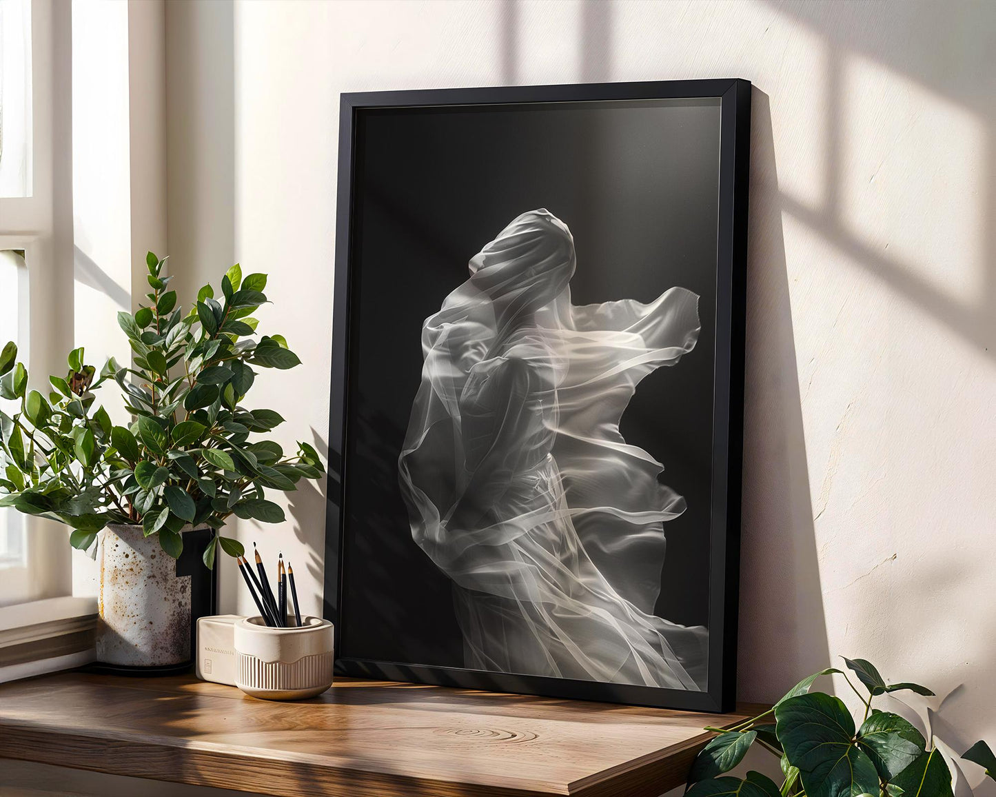 Minimal Wall Art Veiled Woman Art Print | Ethereal Black and White Photography wall art print, minimalist black and white poster, modern Scandinavian wall decor, Monohaus