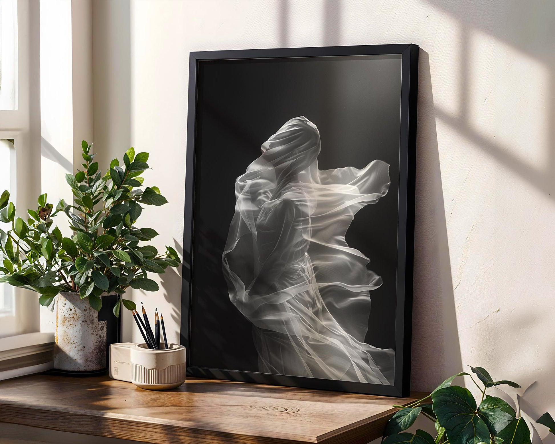 Minimal Wall Art Veiled Woman Art Print | Ethereal Black and White Photography wall art print, minimalist black and white poster, modern Scandinavian wall decor, Monohaus