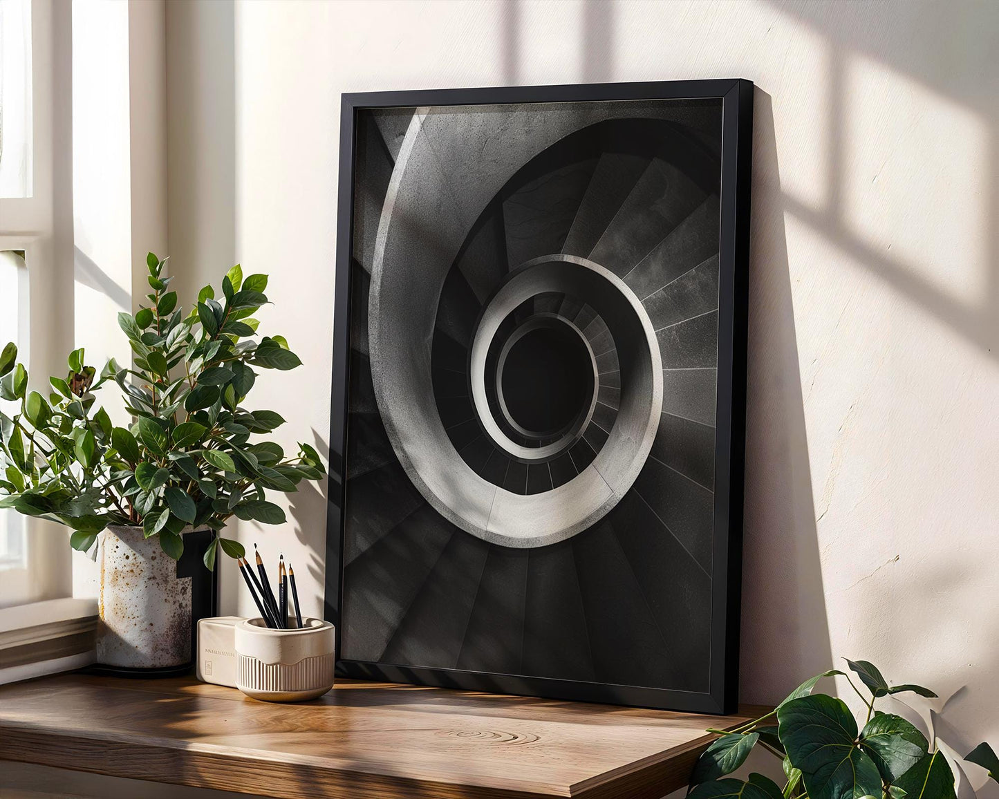 Minimal Wall Art | Black and White Spiral Staircase Photography | Architecture wall art print, black and white architectural poster, minimalist modern Scandinavian wall decor, Monohaus
