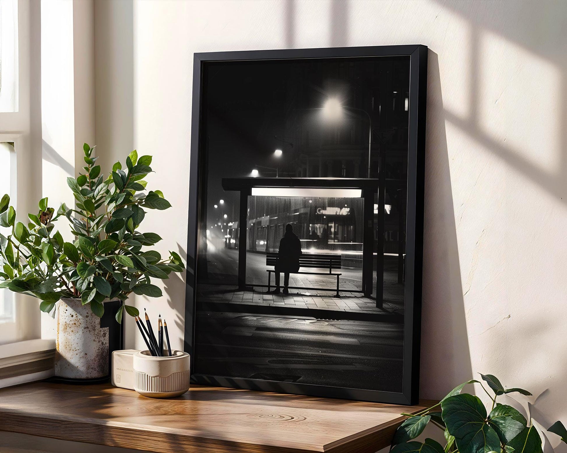 Urban Photography | Minimalist Bus Stop Photography Print | Moody Black and White Wall Art black and white photo print, minimalist monochrome wall art poster for modern interiors, Monohaus