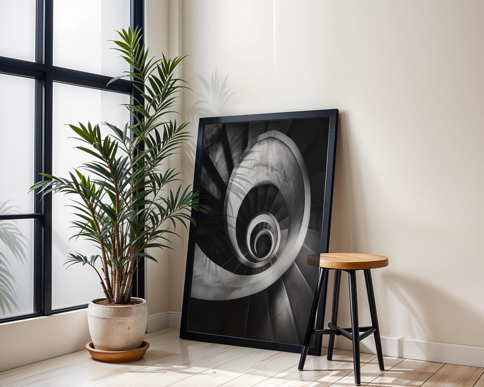 Minimal Wall Art Stair Spiral | Black and White Urban Architecture Photography wall art print, black and white architectural poster, minimalist modern Scandinavian wall decor, Monohaus