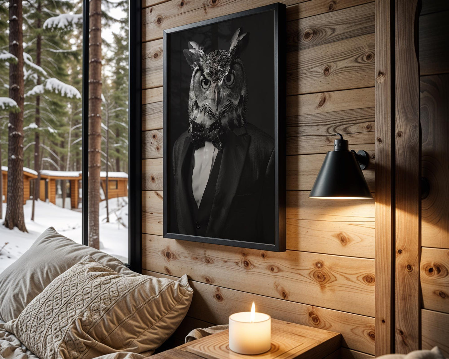 Designer Wall Art | Owl Portrait Print | Anthropomorphic Animal in Suit, Bow Tie wall art print, minimalist black and white poster, modern Scandinavian wall decor, Monohaus