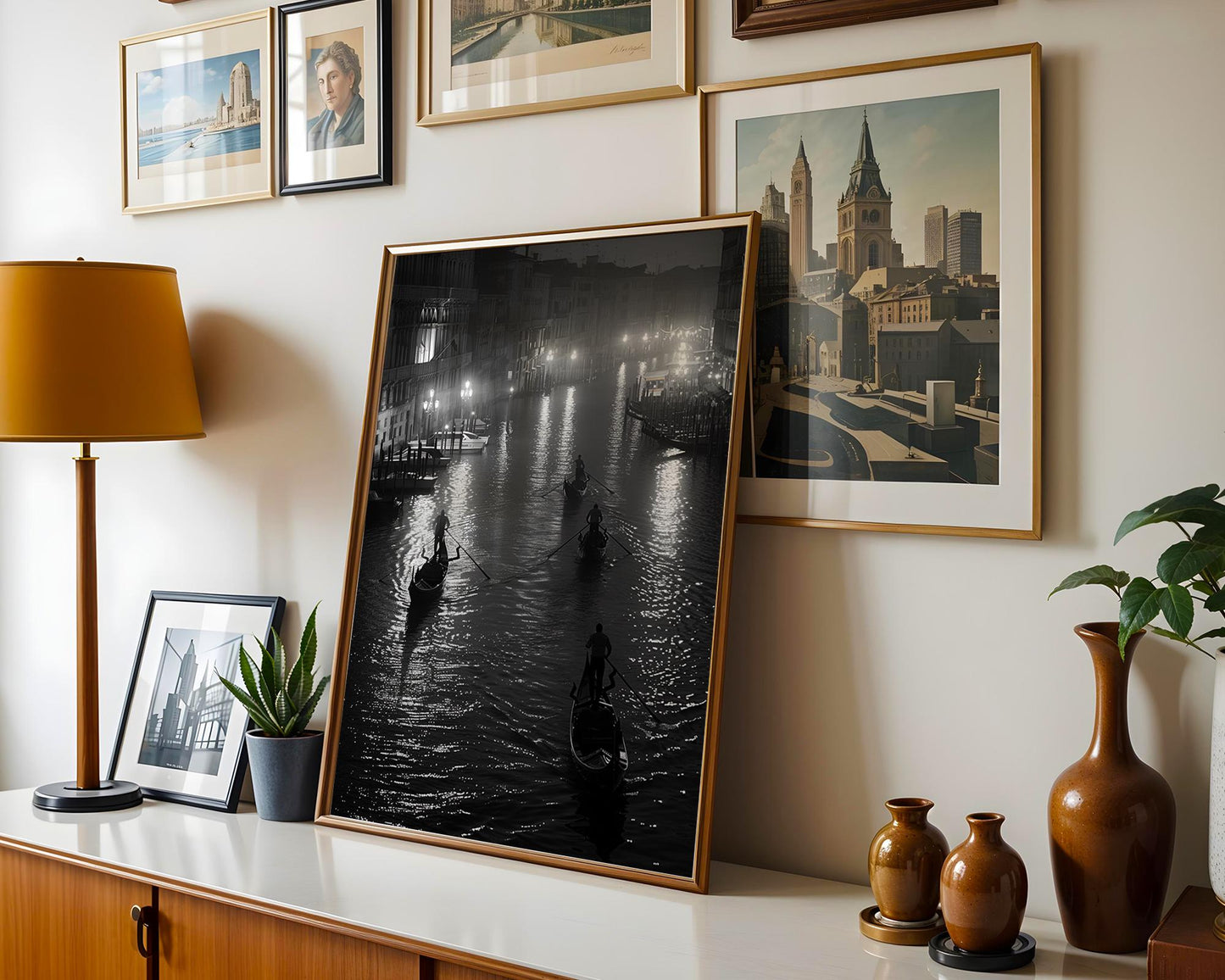 World Landmark | Venice Gondolas Night Print | Grand Canal Black and White Photography wall art print, minimalist black and white poster, modern Scandinavian wall decor, Monohaus