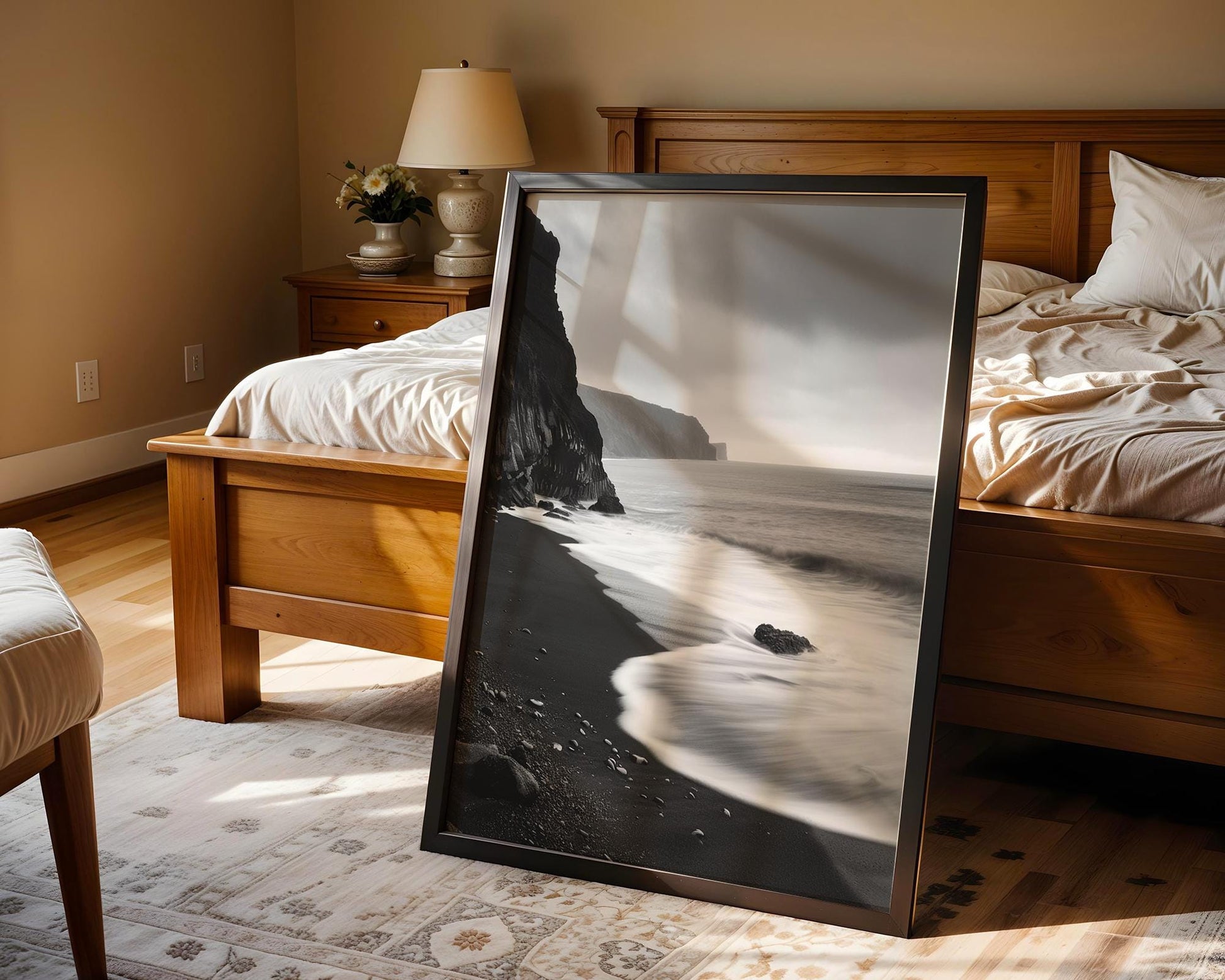 World Landmark | Black Sand Beach Print | Iceland Monochrome Landscape Photography wall art print, minimalist black and white poster, modern Scandinavian wall decor, Monohaus