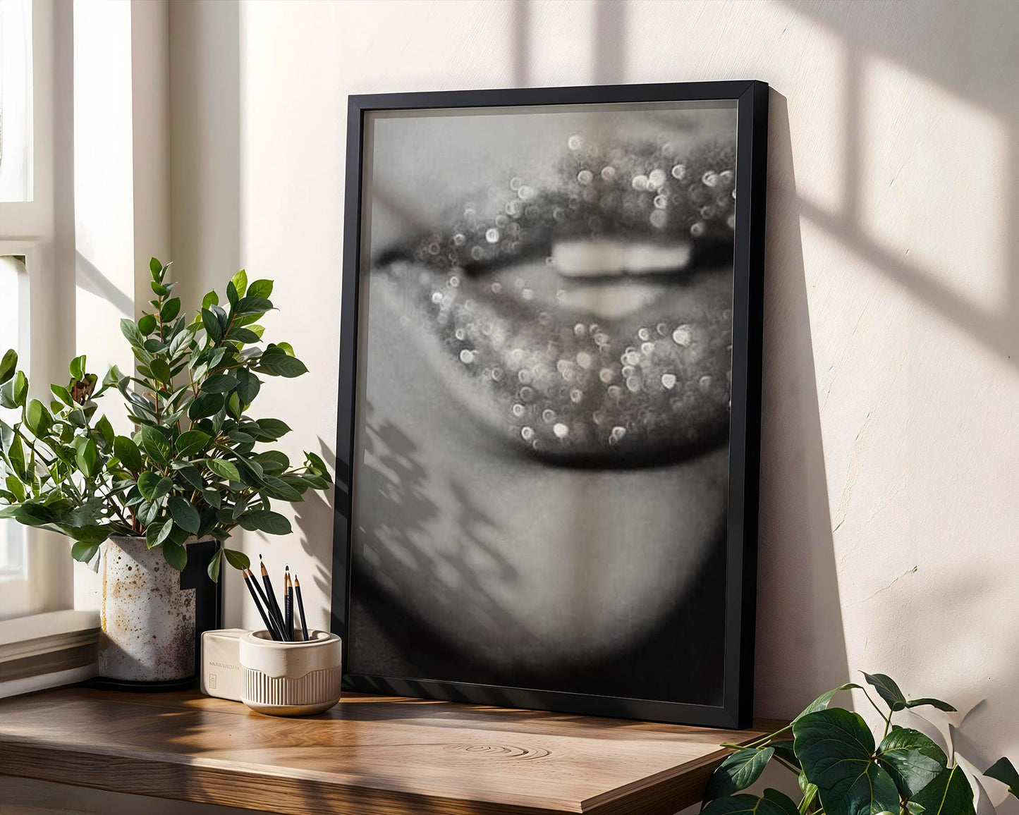 Glitter Lips Photography Print | Monochrome Glam Wall Art wall art print, minimalist black and white poster, modern Scandinavian wall decor, Monohaus
