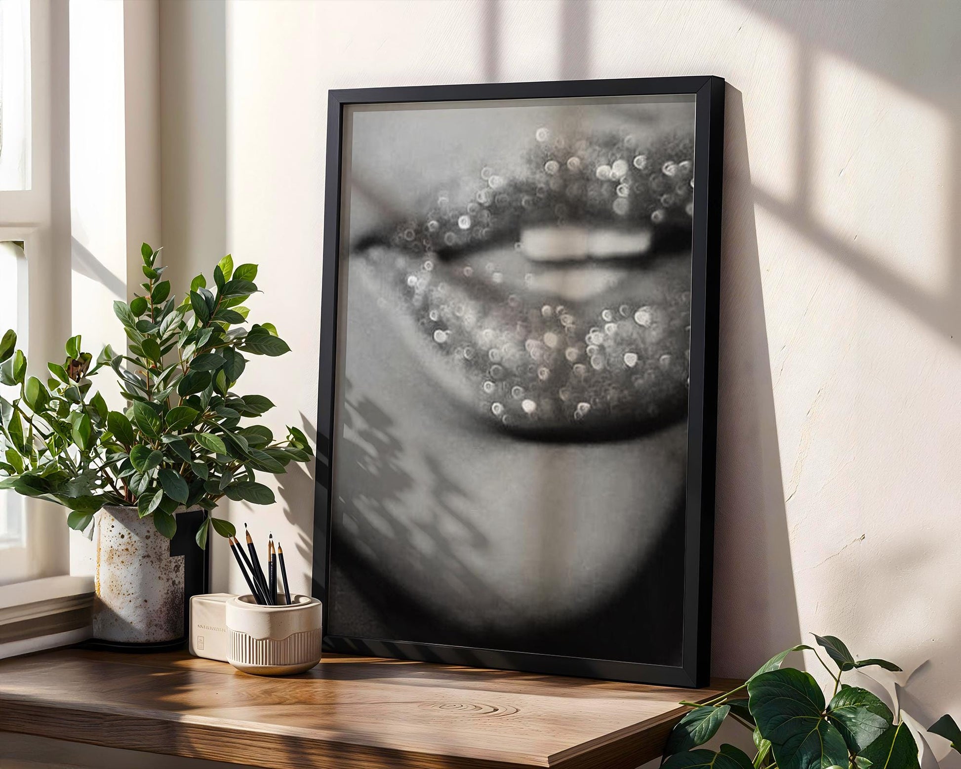 Glitter Lips Photography Print | Monochrome Glam Wall Art wall art print, minimalist black and white poster, modern Scandinavian wall decor, Monohaus