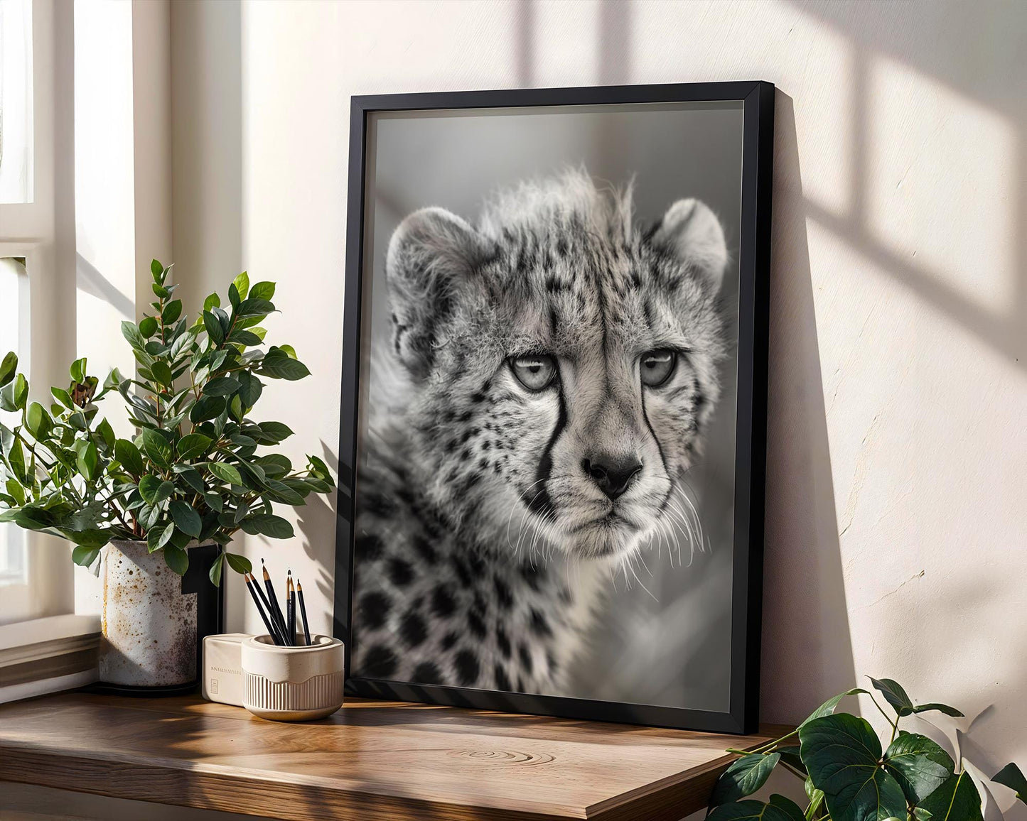 Wildlife Poster | Cheetah Close-Up Print • Black & White Safari Photography wall art print, minimalist black and white poster, modern Scandinavian wall decor, Monohaus