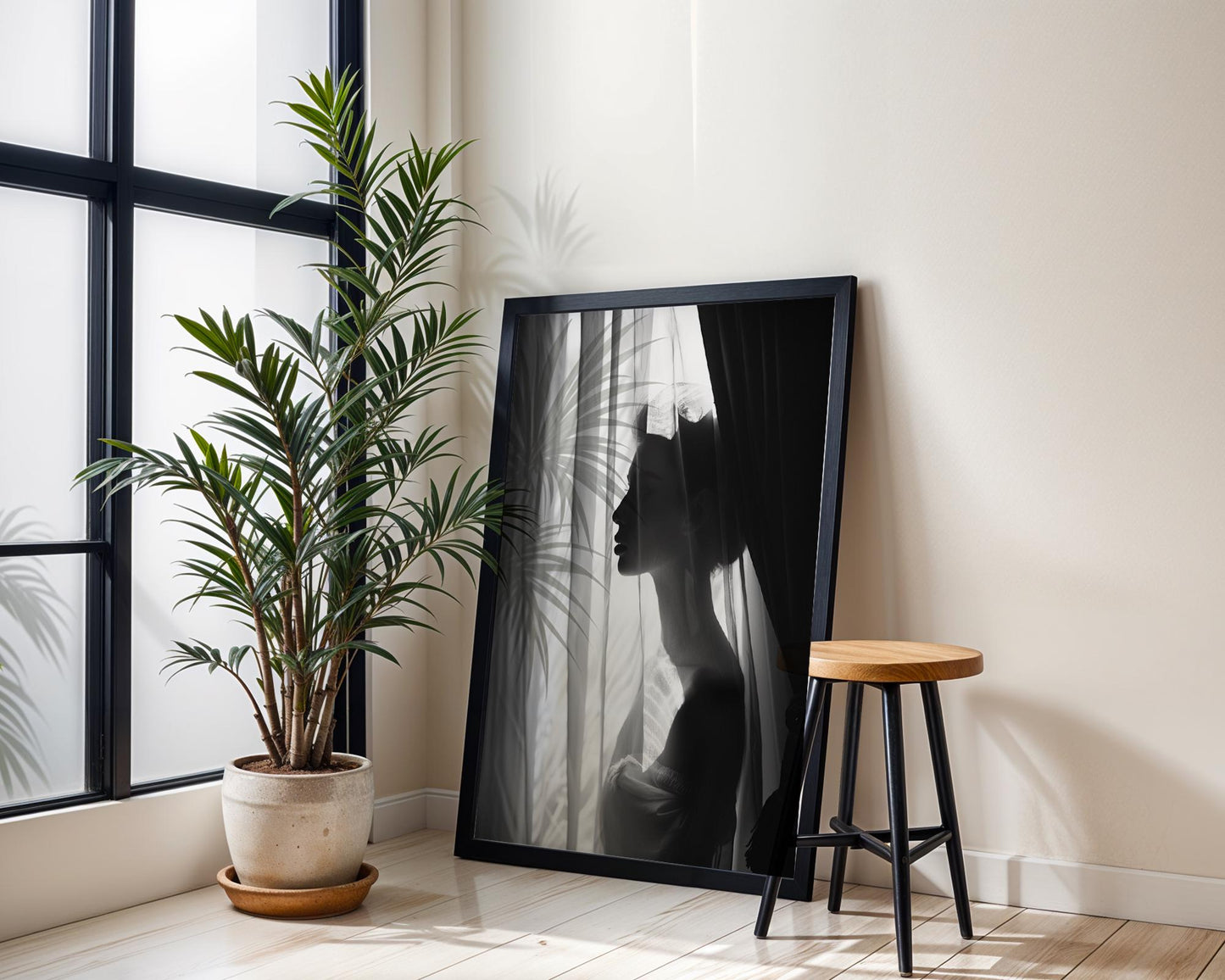 Minimal Wall Art Woman Silhouette Print | Gauzy Curtains, Black and White Fine Art wall art print, minimalist black and white poster, modern Scandinavian wall decor, Monohaus