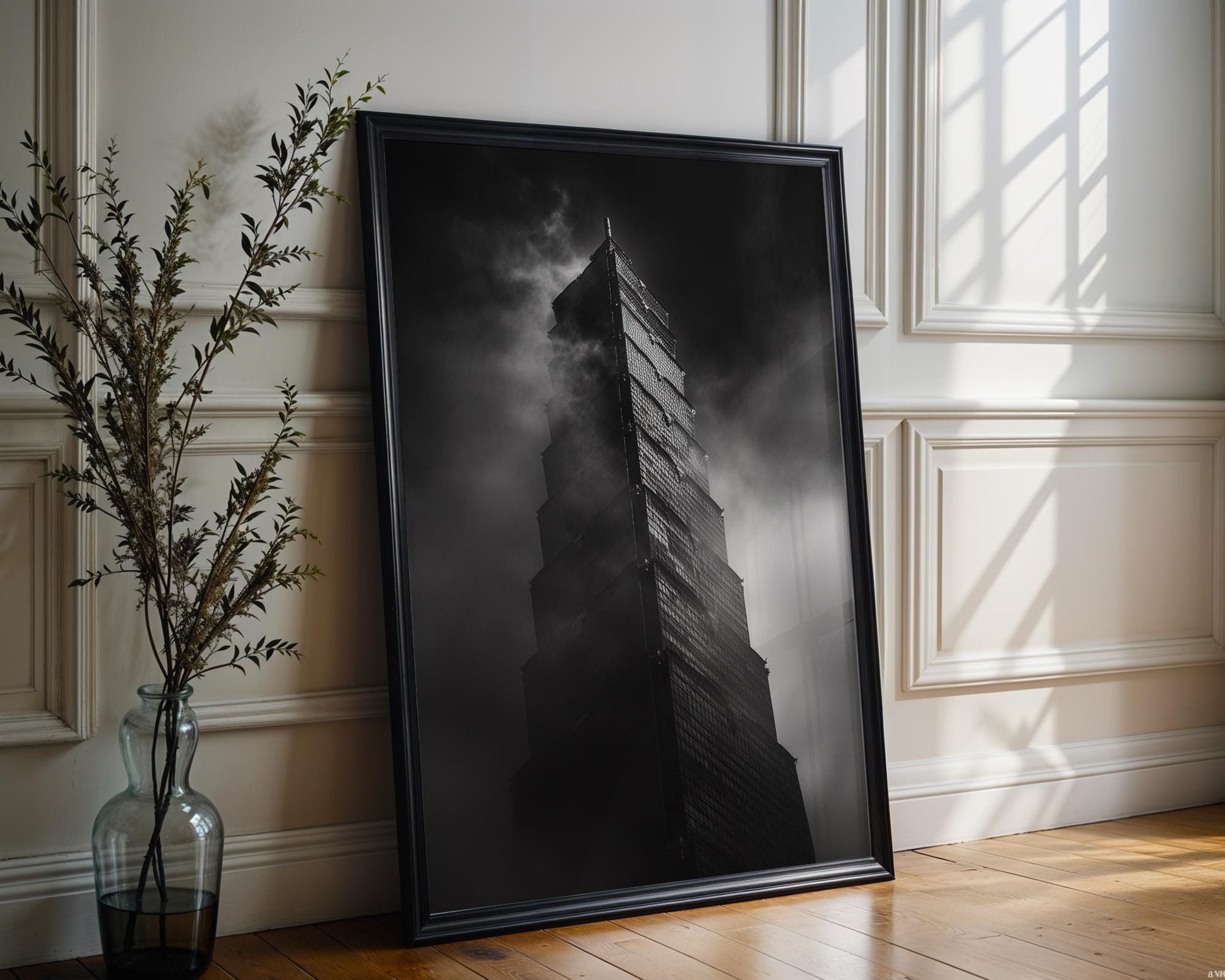 World Landmark | Taipei 101 Print | Foggy Taiwan Tower Black and White Photography wall art print, black and white architectural poster, minimalist modern Scandinavian wall decor, Monohaus