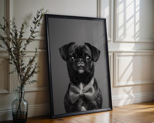 Dog Photography Black Pug Portrait Print | Pet with Bow Tie | Modern Poster wall art print, minimalist black and white poster, modern Scandinavian wall decor, Monohaus