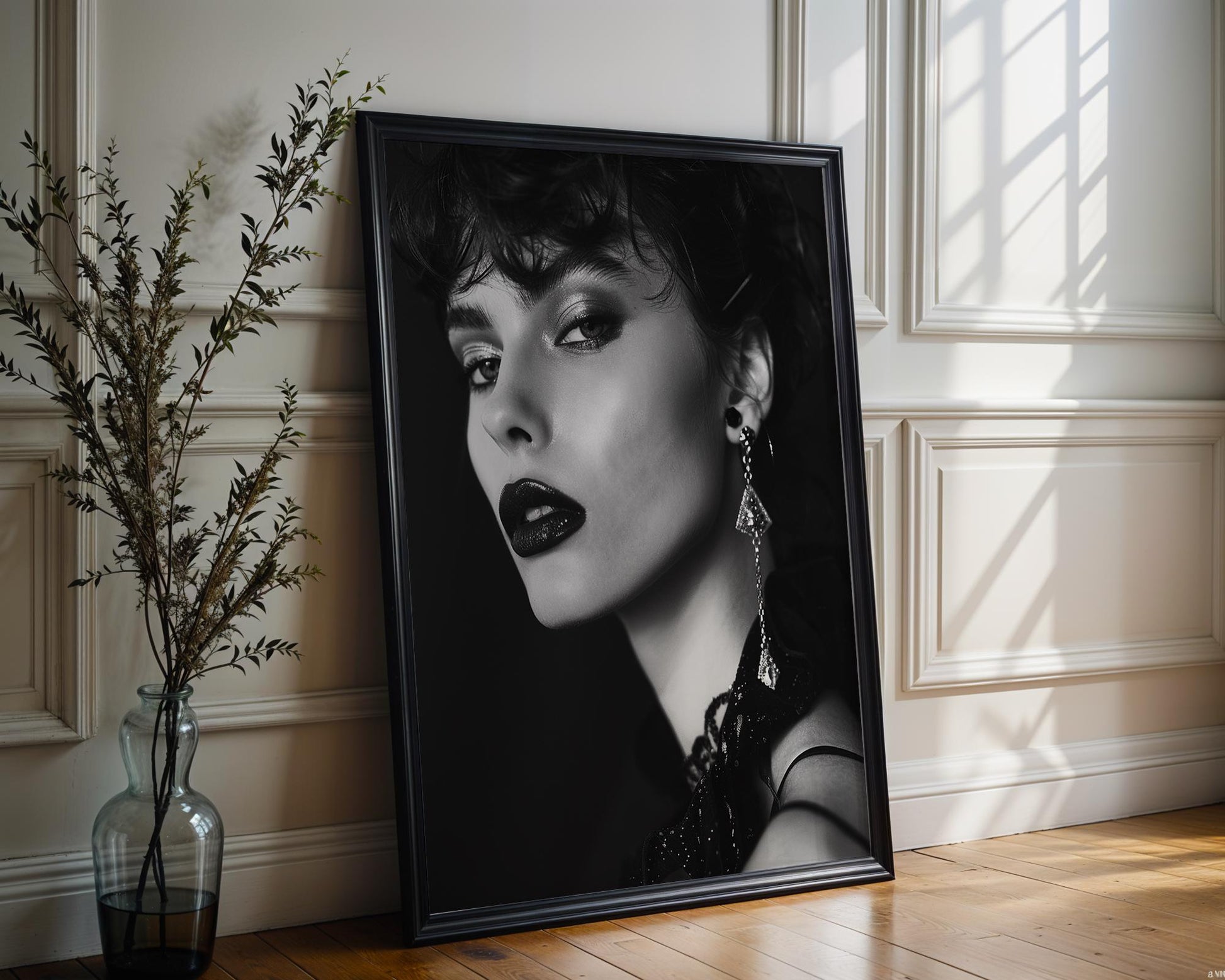 Minimal Wall Art Glamour Portrait Print | Sultry Woman, Glitter Lips, Black and White wall art print, minimalist black and white poster, modern Scandinavian wall decor, Monohaus